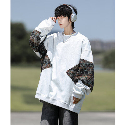 Shelley Jones national fashion sweatshirt men's autumn and winter new loose trendy round neck plus velvet retro splicing trendy brand top clothes men's black XL recommended 125-135Jin Jin equals 0.5 kg