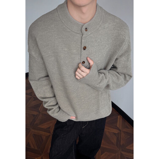 Yilunhe Gray Henley Collar Sweater Men's Autumn and Winter Premium American Retro Bottoming Shirt Cleanfit Knitted Sweater Floral Gray XL
