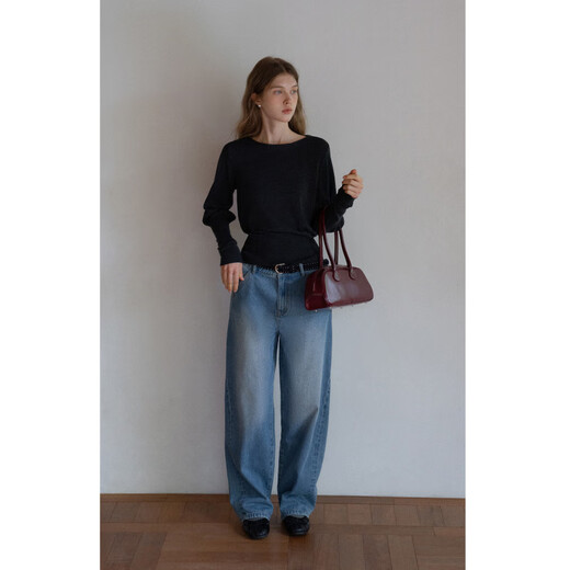 EGGKA French round neck waisted wool sweater for women in autumn and winter simple temperament commuting long-sleeved top E25A80201AF Gray S