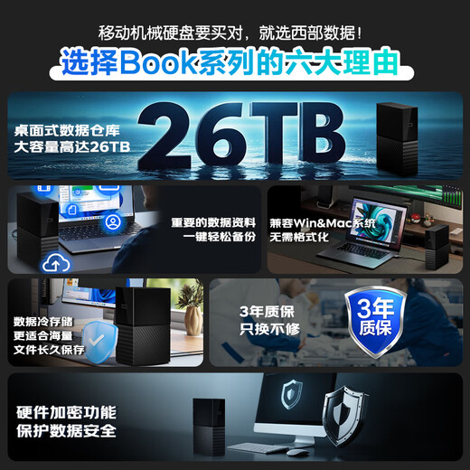 西部数据（WD）14TB 移动硬盘 USB3.0 桌面存储 My Book 3.5英寸 大容量 机械硬盘 移动台式企业级办公 外接加密