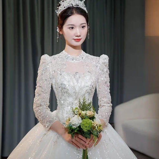 Wei Lianmenglan Wedding Dress 2025 Bride's Main Wedding Dress Long Sleeve Outlet Dress French Heavy Industry Retro Lace Palace Style Welcome Ceremony Dress Floor-length Style + Veil Support M