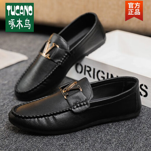 
Woodpecker Wenzhou leather shoes thin men's love beans shoes fashion spirit guy married groom Korean version small leather shoes versatile D878 black-brand flagship 39