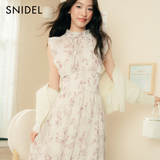 
SNIDEL2025 autumn and winter new product elegant ruffled small flying sleeve printed tea break dress SWFO254139 Ivory white M (1)