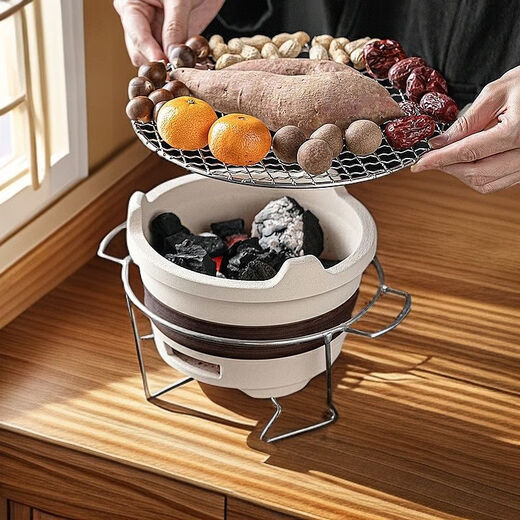 Cooking tea around the stove, indoor old-fashioned edge stove, Internet celebrity roasting stove, charcoal mud stove, outdoor carbon stove, free tea towel + carbon clip, 20.5CM carbon stove + iron frame + iron mesh + brown can