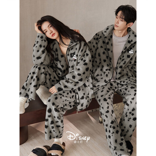 Beiyan couple pajamas for men and women in autumn and winter Mickey thickened warm coral velvet leopard print home clothes flannel suit can be worn outside F60716 Women's M