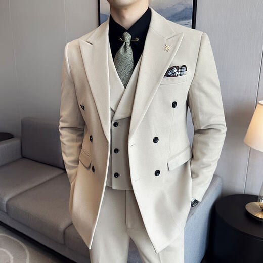 丨Li Lang丨Groom suit suit men's business casual formal double-breasted British suit wedding dress off-white L