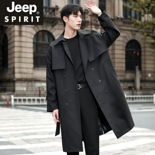 JEEP SPIRIT high-end windbreaker men's medium-length coat 2025 new spring and autumn youth black casual cloak men's coat black M