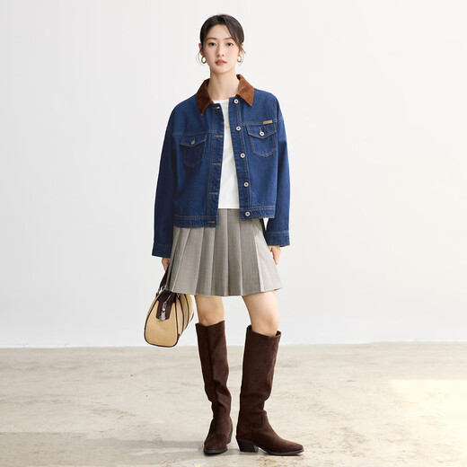 茵曼（INMAN）纯棉撞色翻领牛仔外套女2025秋季时尚复古百搭宽松夹克上衣 深牛仔蓝 M
