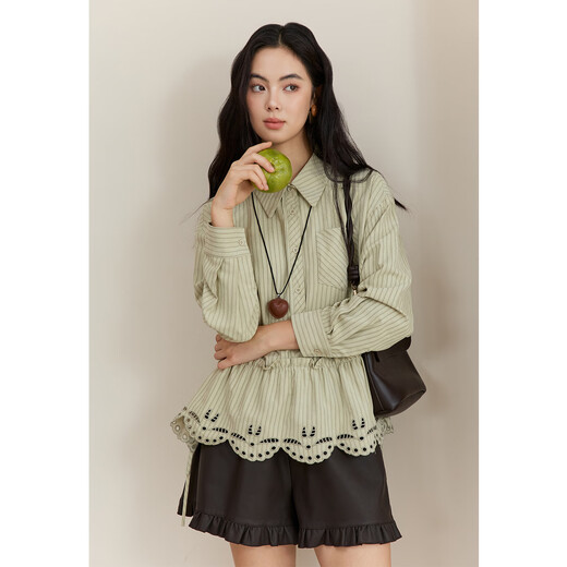 Mystery Green Striped Brushed Shirt Women's 2025 Autumn New Women's Design Embroidered Loose Casual Top Green M