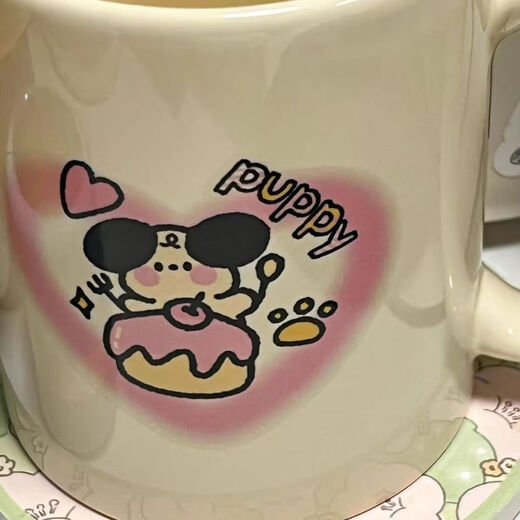Cute cartoon high-looking ceramic cat mug with lid, couple water cup for best friends, creative and practical cup, loving puppy mug (single cup) 1 piece 350ml