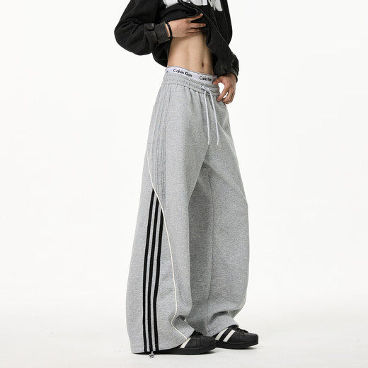 Poke American deconstructed side striped scimitar sweatpants men's spring and autumn large size sports pants loose spliced straight wide-leg pants navy blue M recommended 95-110Jin Jin equals 0.5 kg