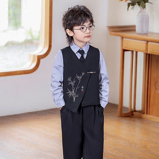 萝卜呗呗（LUOBOBEIBEI）儿童西装新中式男童国风马甲花童礼服男孩演出服 黑色四件套 110