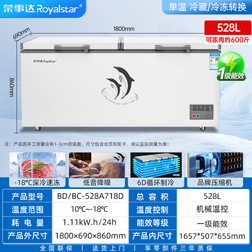 Royalstar Freezer Comercial Gran capacidad Capacidad completa Freezer Horizontal Hogar REFRIGERACIÓN DEL HOMBRARO DUAL PURVO FLEAR DIAL TEMPERADO COMERCIAL FLEECER FLEECER PANTAL Gabinete 718 Temperatura individual [Eficiencia energética de primer nivel Control de temperatura mecánica]