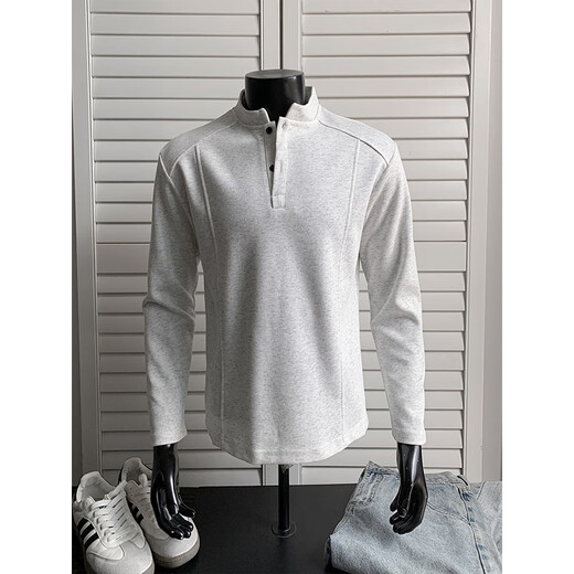 Jingsa American trendy bottoming sweatshirt for men in autumn, loose and simple polo henley shirt, versatile casual long-sleeved inner t-shirt, light gray XL