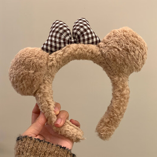 Miao Yijia Sweet Bow Cute Bear Ears Plush Headband Women's Winter Face Wash Makeup Hairband Brown Hairband Trendy Bow Bear Hairband Khaki
