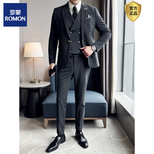 ROMON suit suit men's three-piece slim coat plaid small suit professional formal groom handsome wedding dress trendy dark gray suit + vest + trousers + white shirt + black tie M