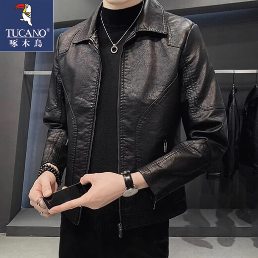 Woodpecker leather jacket for men 2025 new handsome black lapel motorcycle jacket casual leather jacket spring and autumn style black XL recommended weight 125-140Jin Jin equals 0.5 kg