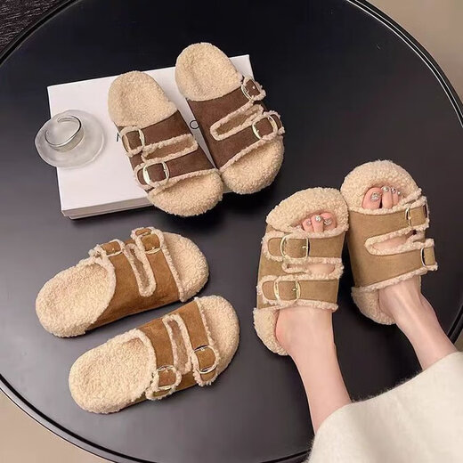 Thick-soled platform Birkenstock furry slippers for women, 2025 autumn and winter new fashion, one-word belt buckle, plush cotton slippers, camel 35