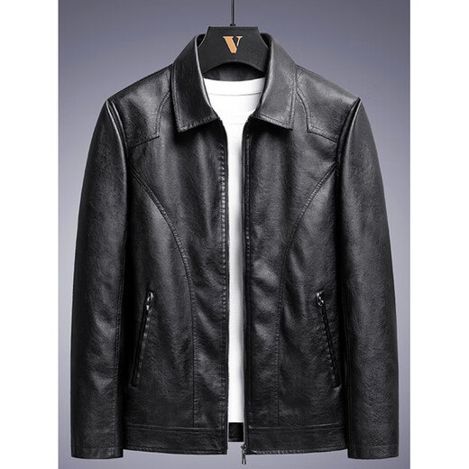Classic car black leather jacket men's spring and autumn casual lapel trendy handsome jacket plus fat plus size fat man winter coat black regular M