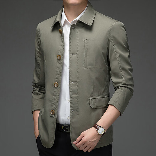 BESNOS spring and autumn pure cotton windbreaker men's short business casual middle-aged and elderly men's dad jacket thin jacket top light khaki M /170 (suitable for 110-135Jin Jin equals 0.5 kg)