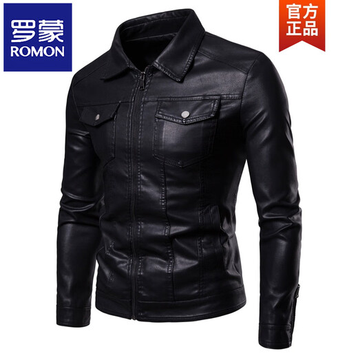ROMON Thin Slim Leather Jacket Men's Lapel Leather Jacket Trendy Casual Handsome Autumn and Winter Velvet Motorcycle Jacket Men Black Thin M Recommended 100-110 Jin Jin equals 0.5 kg