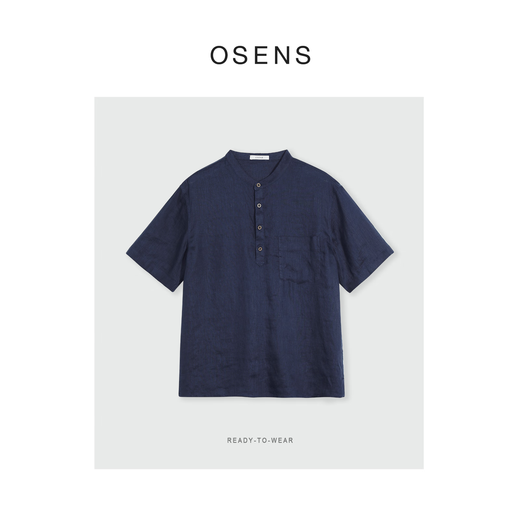 OSENS Men's Wear 21 Count 100% Natural Linen Vintage Henley Collar T-shirt Half-front Men's Short-Sleeved Shirt Summer Nautilus Ready in Stock M (170/92A)
