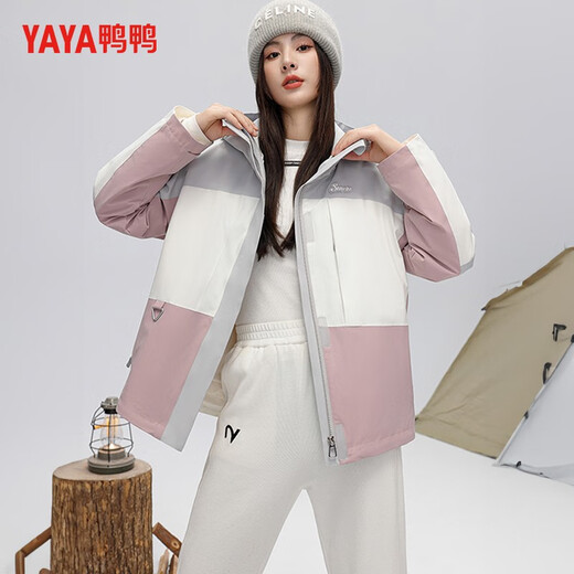 鸭鸭（YAYA）羽绒服女短款撞色韩版宽松户外运动连帽秋冬防风保暖 丝雾棕色 L