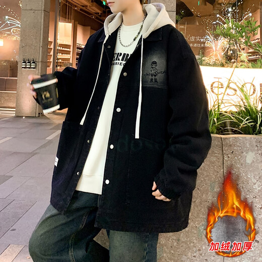 Aipin Yige autumn and winter velvet thickened denim jacket boys jacket 12-19 years old children and adolescents 14-18 student clothes black velvet hood removable 10307-71157 XL height 170-175cm120-135Jin Jin equals 0.5 kg