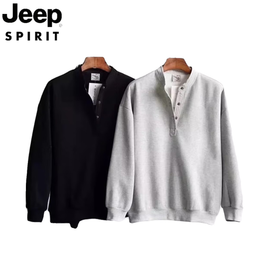 JEEP SPIRIT Japanese retro autumn and winter men's Henry collar long-sleeved bottoming shirt casual loose pullover sweatshirt thickened large size black style plus velvet 3XL