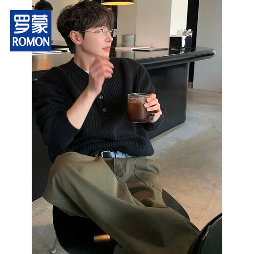 ROMON Old Money Style Henley Collar Knitted Wool Sweater Men's American Trendy Loose Long-Sleeved Sweater Half-Buttoned Workwear Wool Sweater Knitted Henley Black M