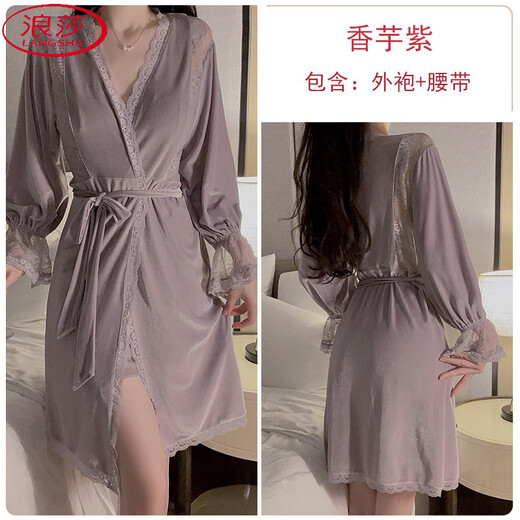 Langsha (Langsha) Модная сексуальная пижама для женщин с глубоким V Plus Bud Bad Velvet Yarn Sweet The Write The Nightgown для женщин с внешней одеждой и домашней одеждой Установка 3879 Винная инфракрасная халата + пояс + средний размер 90-130Jin [Jin равняется 0,5 кг]