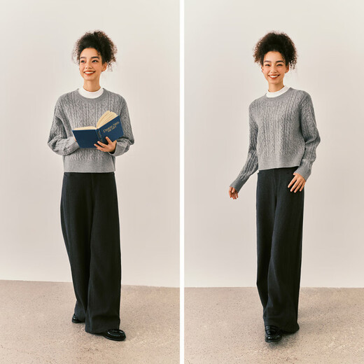 Same style as Semir shopping mall | Senrou Semir sweater for women winter short cable tie round neck loose 2025 new retro sweater gray tone 00322 M