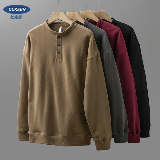 Duken Heavy Cotton Henley Collar Plus Velvet Long Sleeve Men's Autumn and Winter Loose Bottoming Shirt Tough Guy Style 400G Thick Black M _ (Suitable for wear under 110Jin Jin equal to 0.5kg)