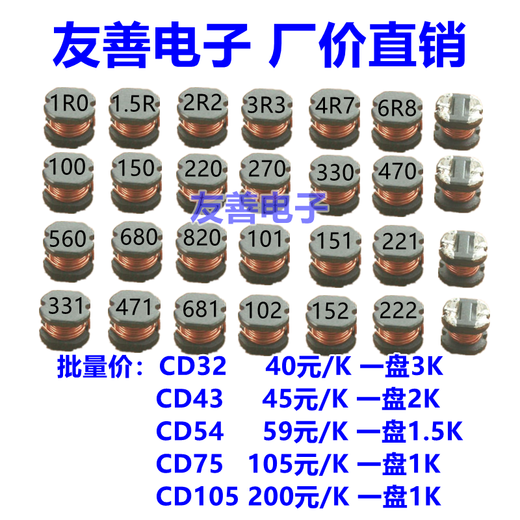 SMD inductor CD43 1R0 2R2 4R7 100 220 470 101 10UH SMD power inductor CD43-1.5UH-1 disk 2K