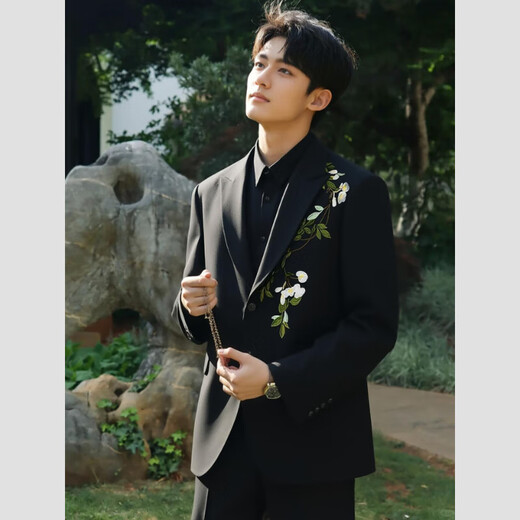 DK high-end men's new Chinese style national style embroidered suit suit male groom wedding dress suit jacket business suit black jacket + pants XS (100-120Jin Jin equals 0.5 kg)