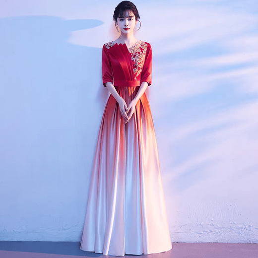 Chinese style cantata costume, long skirt, choir evening dress, female performance costume, performance costume, host etiquette welcome 001 red gradient L