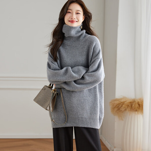 Shexi (Srcr) cardigan women's 100% wool sweater turtleneck autumn and winter mid-length lazy loose outer wear knitted base thickened