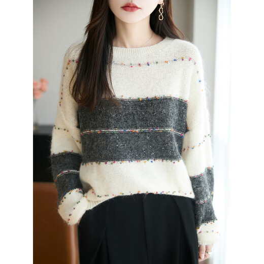 La Chapelle French-style fine glitter striped sweater for women 2025 autumn and winter new loose lazy warm bottoming huge good-looking sweater black XL recommended weight 115-130Jin Jin equals 0.5 kg
