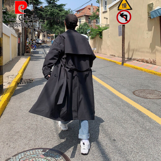 Pierre Cardin Balmacen trench coat men's mid-length autumn mature style godfather coat waisted Kensington German clerical coat black M