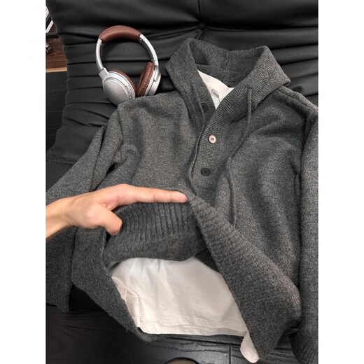 Si Yan Internet celebrity Douyin dark gray Henry collar hooded sweater for men autumn and winter American lazy style sweater half cardigan coat dark gray upgraded version L 120-140Jin Jin equals 0.5 kg