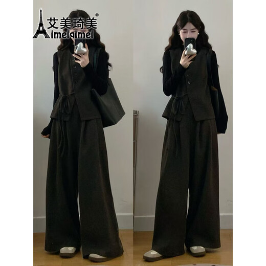 AIMEIQIMEI autumn and winter plus size women's clothing for fat mm new small fragrance style 2025 bottoming long-sleeved vest wide-leg pants slimming three-piece suit three-piece suit 2XL recommended 140-160Jin Jin equals 0.5 kg