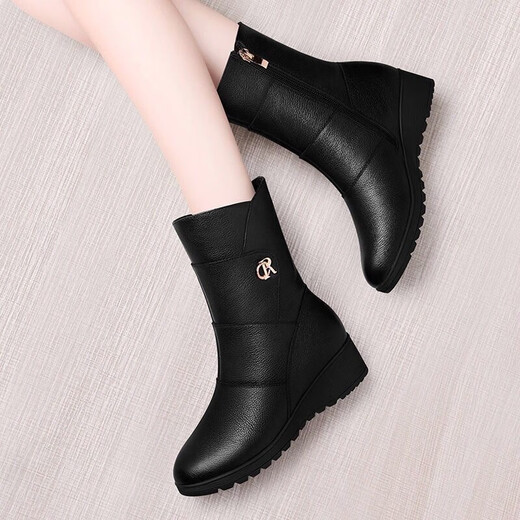 Off-code clearance red green mid-calf boots for women, winter wedge heel plus velvet cotton shoes, middle-aged and elderly mother's boots, inner height increasing women's boots, black plus velvet, heel height 5 cm 38 (240mm)