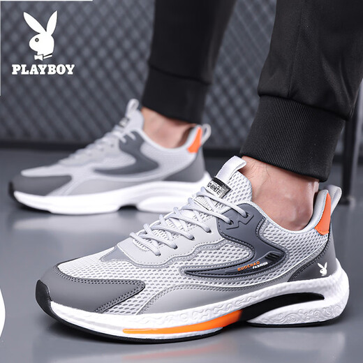 Playboy (Playboy) Herrenschuhe 2025 Neue lässige Sneaker Mesh atmungsaktives leichtes, weiches Sohle Anti-Rutsch-Schock-absorbierender Laufschuhe Schwarz H9908 [Lederoberfläche] [Four Seasons] 42 [Standard-Sneaker-Größe]