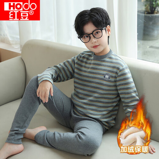 Hongdou Children's Boneless Underwear Set Boys' Autumn Clothes and Autumn Pants Plus Velvet Warm Clothes for Middle-aged Boys Autumn and Winter Basement Clothes Gray Green 23725 Model M 110C Recommended Height 95-105 Centimeters