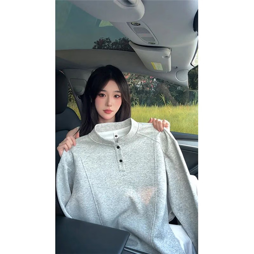 Jufeng American long-sleeved Henry collar T-shirt for men in autumn deconstructed right shoulder polo shirt sweatshirt heavy boxy inner layering shirt white gray upgraded model M 100-115Jin Jin is equal to 0.5 kg