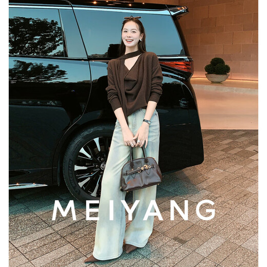 MEIYANG Breeze Knitted Sweater New Australia Merino Wool Design Pile Collar Ribbon Sweater Brown M