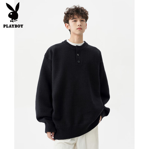 Playboy (PLAYBOY) American solid color Henry collar sweater men's autumn and winter new trendy brand-style sweater casual warm couple jacket light gray XL