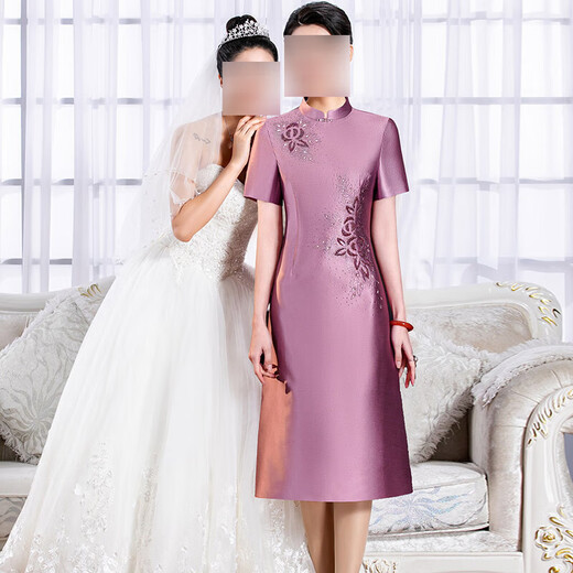 Xiaohanluxi Granny's Wedding Banquet Outfit 2025 New 50-60 Years Old Autumn and Winter Wedding Mother's Dress Female Noble Young Style Cheongsam Purple Three Quarter Sleeves M Suitable for 95 Jin Jin equals 0.5 kg -105 Jin Jin equals 0.5 kg