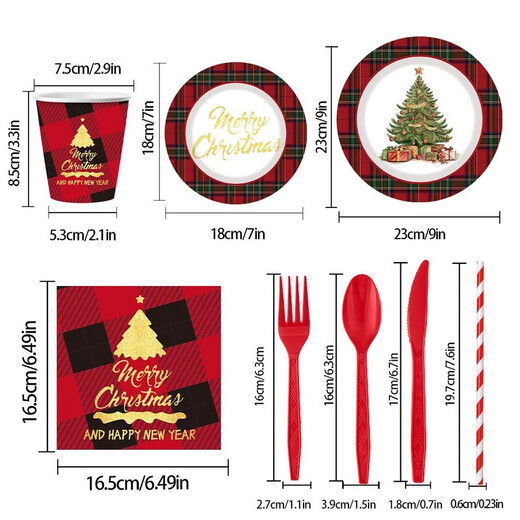 Red Christmas Party Paper Plate Tableware Set Printed Plaid Children's Christmas Disposable Paper Cups Tissue Paper Plates 10-Person 8-piece Set Red