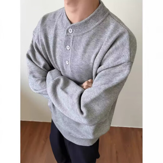 Gray American Henry collar sweater for men, early autumn, lazy style bottoming sweater, cleanfit inner layer, black 2XL